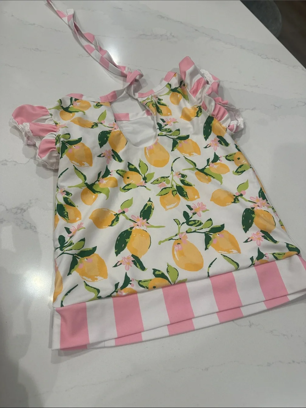 Sweethoney Lemon, white, pink striped bathing suit top girls size 5 TOP ONLY